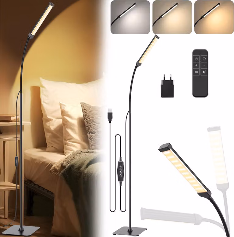 Lampada da terra a LED con alimentazione USB, collo d'oca orientabile a 360°, 3 temperature di colore, 5 livelli di regolazione dell'intensità luminosa, altezza regolabile fino a 140 cm, telecomando, funzione memoria, timer