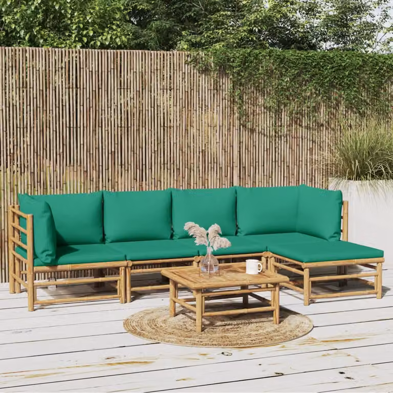 Set Salotto da Giardino vidaXL 6 Pezzi in Bambù con Cuscini Verdi e Marroni