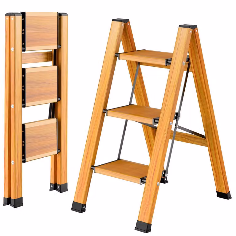 Scala pieghevole in alluminio, 3 gradini, effetto legno, antiscivolo, portatile, portata massima 150 kg