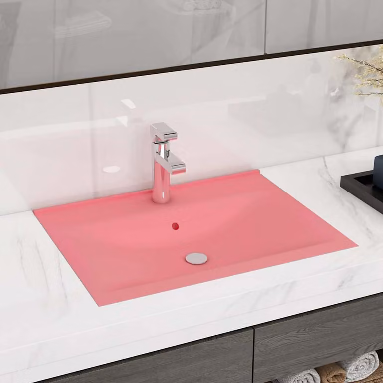 Lavandino rettangolare sospeso vidaXL in ceramica rosa opaco con foro rubinetto L: 60 cm, P: 46 cm, H: 16 cm