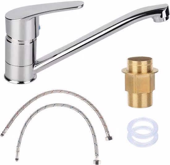 Rubinetto da cucina con braccio orientabile a 360 gradi, cromato, rubinetto monocomando con 2 tubi flessibili da 50 cm