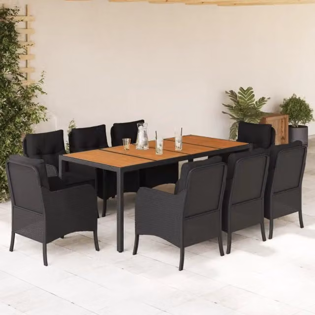 Set da pranzo da giardino vidaXL in legno di acacia e polyrattan nero con 9 pezzi