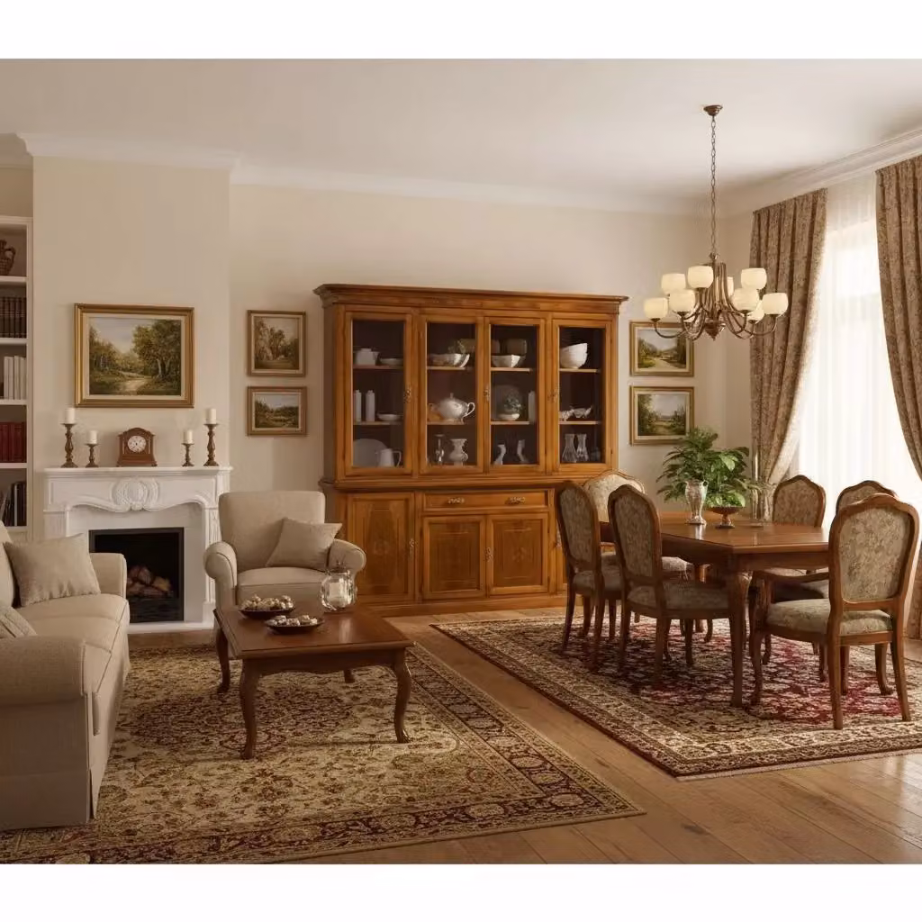 Cristalliera in legno Mobili 2G con intarsio e ante in vetro, finitura Bassano marrone, L: 220 cm, P: 49 cm, H: 222 cm – 2