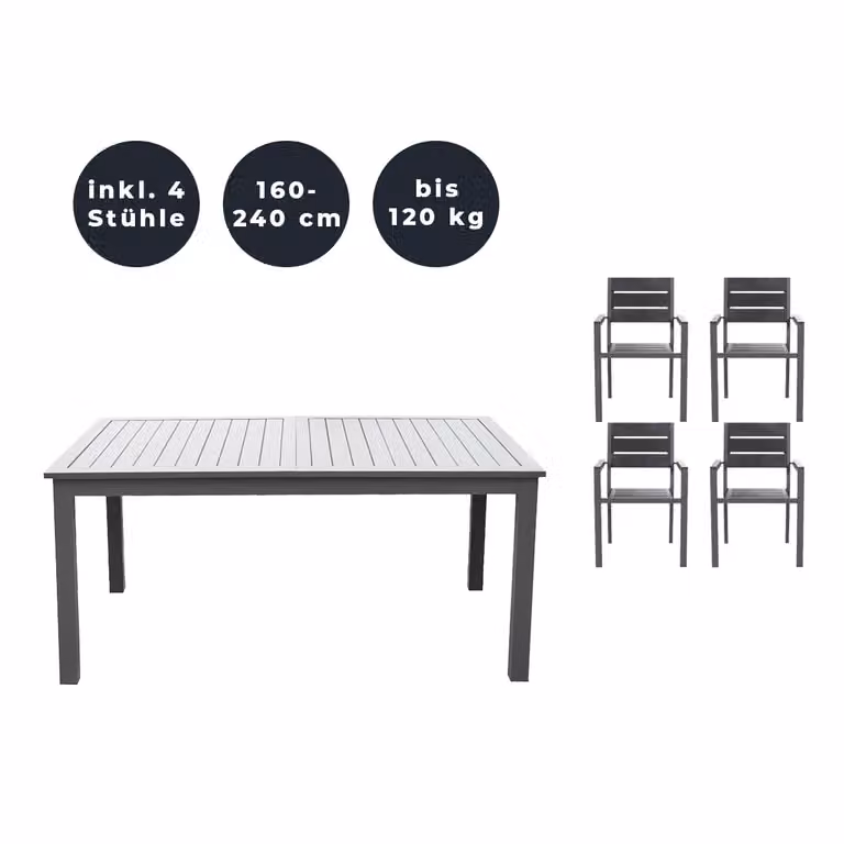 Home Deluxe - Tavolo da giardino allungabile - CASA - ca. 160 (240) x 100 x 74 cm - incl. 4 sedie, struttura in alluminio e piano del tavolo - incl. accessori I Set da giardino tavolo allungabile per balcone