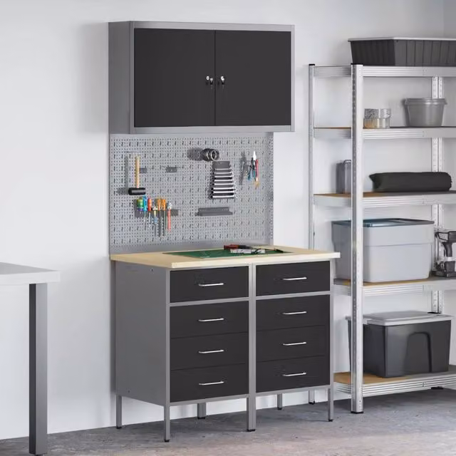 Set di mobili da lavoro 5 pezzi vidaXL in legno ingegnerizzato e acciaio, colore nero, con serratura