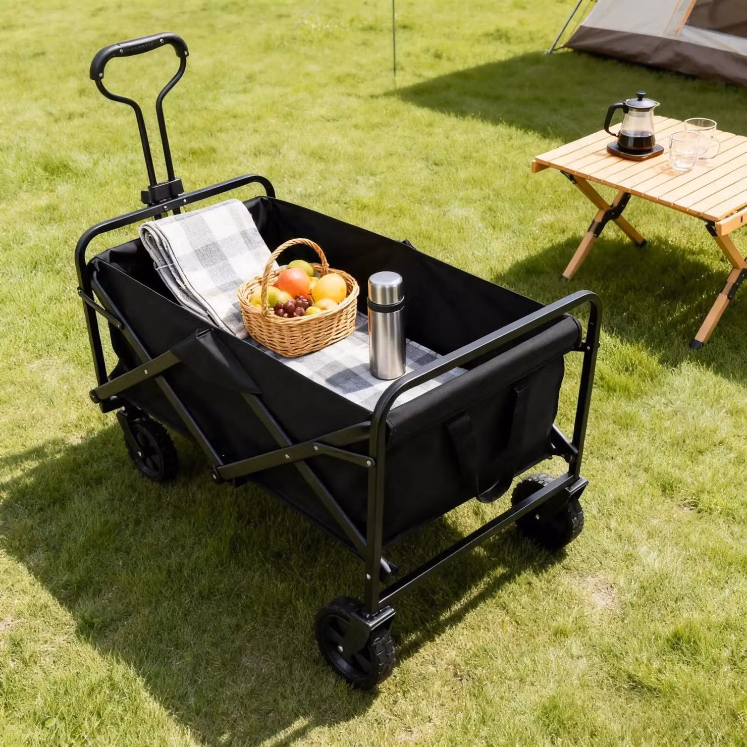 Carrello pieghevole - Carrello trasporta-oggetti, carrello da spiaggia - Ruote in gomma da 12,7 cm - Piccolo - Ideale per campeggio e attività all'aperto - Colore: nero