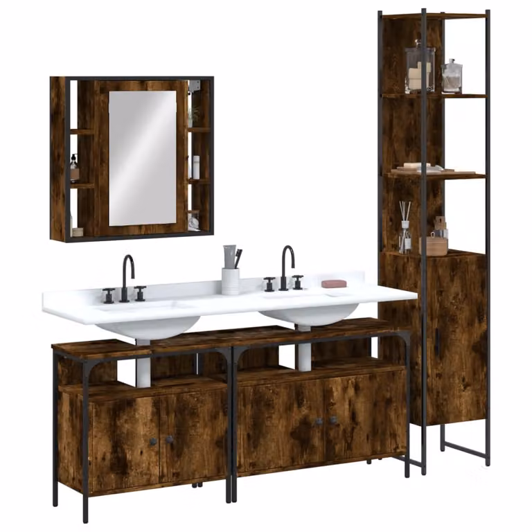 Set di mobili da bagno vidaXL 4 pezzi in stile industriale color rovere marrone con armadietto specchio, mobile lavabo e colonna alta in legno e metallo