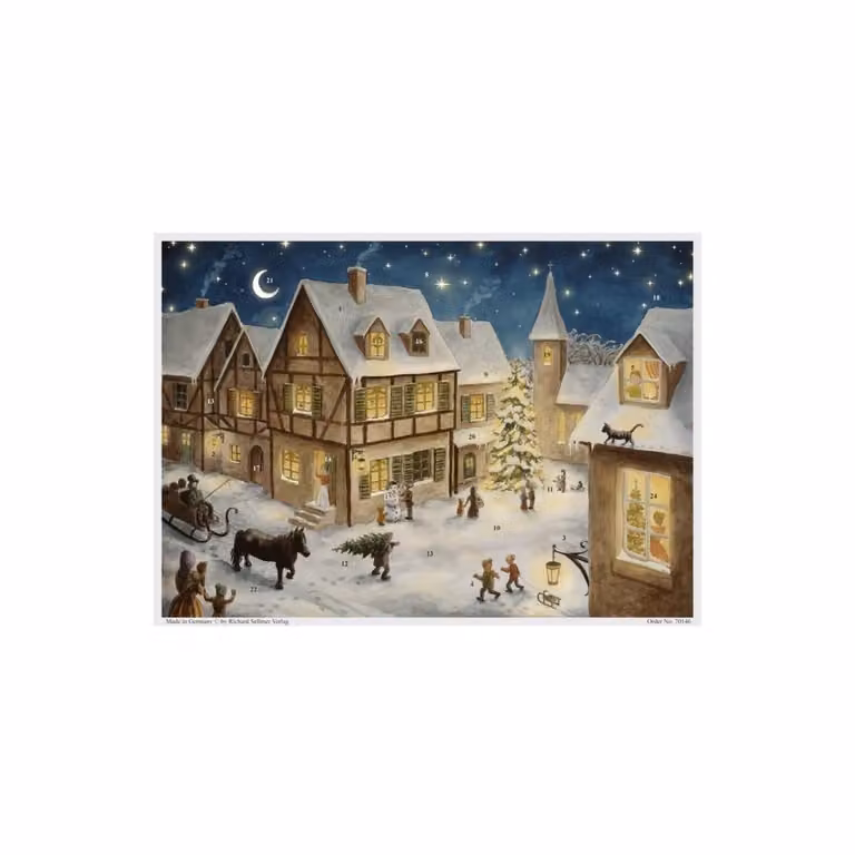Calendario dell'Avvento: La vigilia di Natale in paese, stile retrò, carta, 29,7 x 21 cm