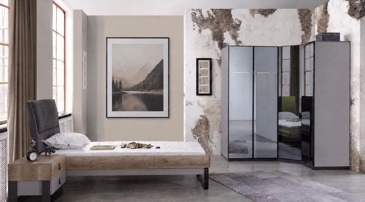 Set per camera da letto: letto, armadio, comodino, colore grigio, design moderno