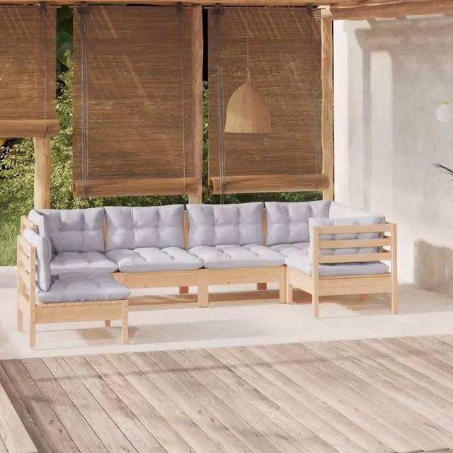 Set Divani da Giardino 6 pz con Cuscini Grigi Massello di Pino 3096417