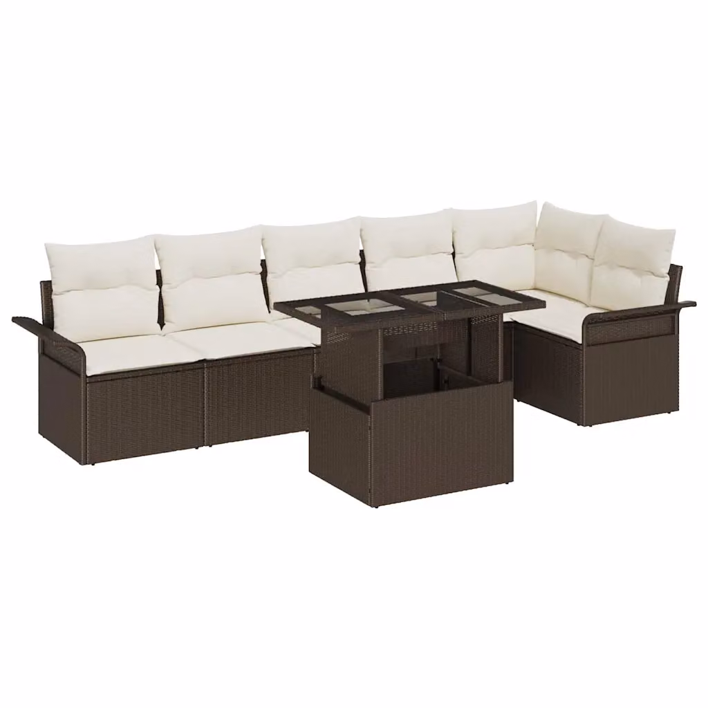 Set Divano da Giardino vidaXL 7 pz in Rattan Marrone con Cuscini e Tavolino in Vetro – 1