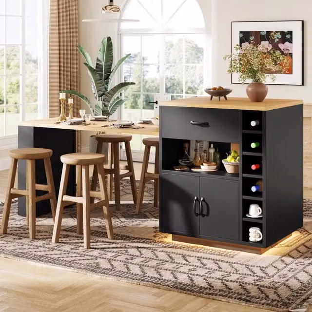 Carrello da cucina con tavolo estraibile, 2 cassetti, 4 ante e portabottiglie, per cucina e sala da pranzo, MDF nero