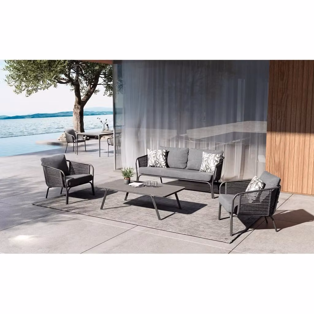Set da giardino Nora di GIORDANOSHOP in alluminio con divano, 2 poltrone e tavolino, colore antracite e grigio – 2