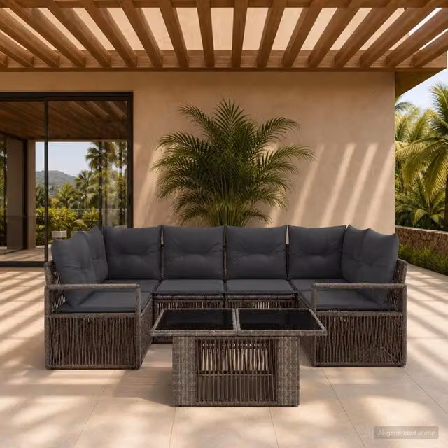 Set Divano da Giardino 7 Pezzi vidaXL in Polyrattan Grigio e Antracite con Tavolino e Cuscini