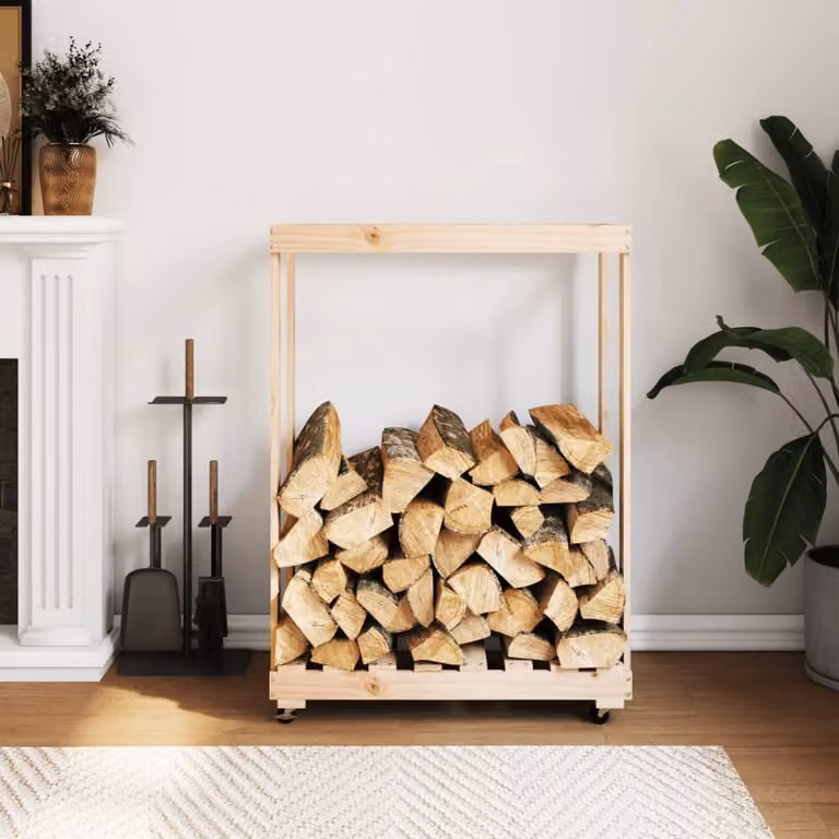vidaXL Carrello Portalegna con Ruote in Legno Massello di Pino, Colore Beige/Marrone, L 76,5 cm x P 40 cm x H 108 cm