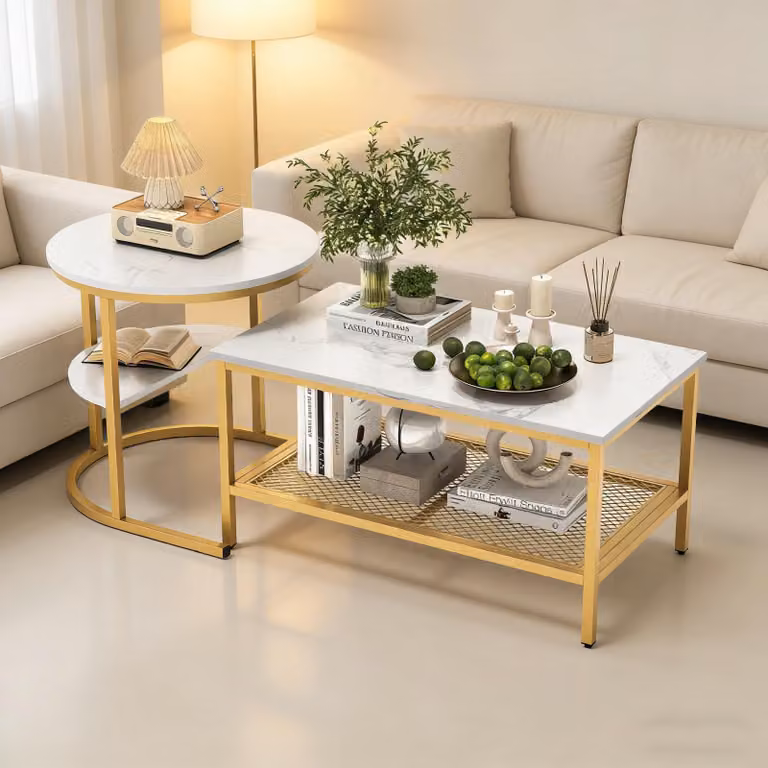 INONEFT, Set da 2 tavolini, aspetto marmo con struttura in metallo e ripiano, tavolino da salotto, tavolino da divano, tavolino da caffè per soggiorno (bianco + dorato)