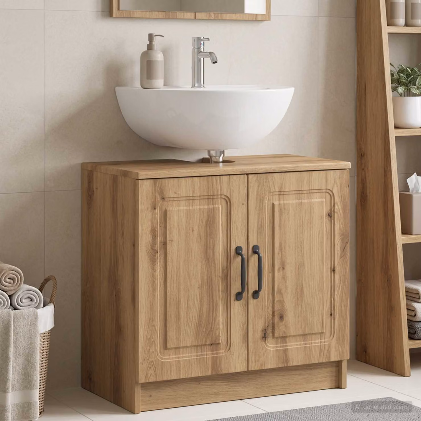 Armadio per lavabo da bagno moderno vidaXL UTRECHT in legno e metallo, colore marrone, L: 59,5 cm, P: 31,5 cm, H: 56,0 cm