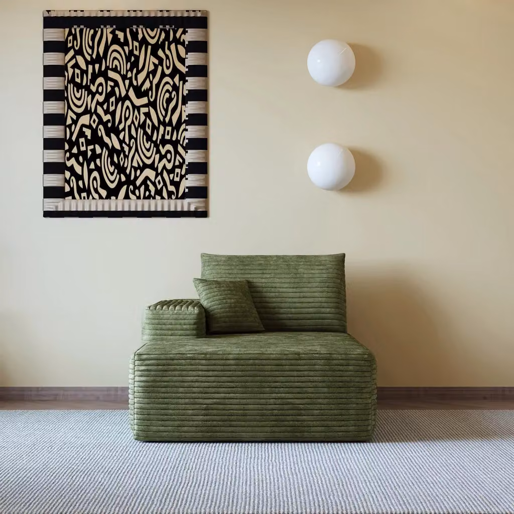 Divano letto modulare Folyna con chaise longue reversibile in tessuto a coste verde per soggiorno e camera da letto – 2
