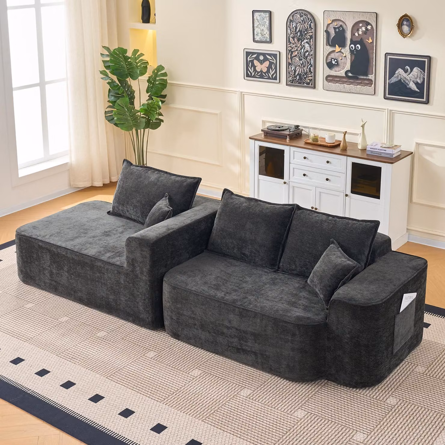 Divano angolare okwish, divano letto, 3 posti, divano modulare flessibile con tasca laterale, ampio spazio relax, tessuto in chenille, colore nero