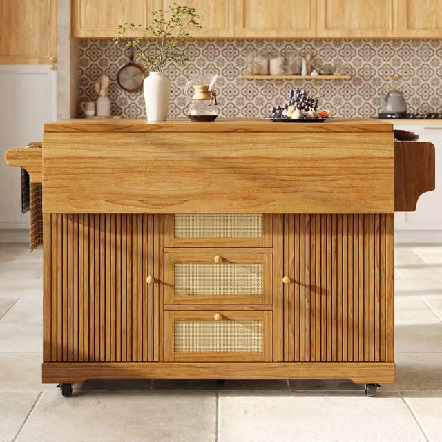 Carrello da cucina pieghevole WISHDOR con cassetti in rattan e finitura opaca, Marrone, H: 95 cm, L: 76.7 cm, P: 4d5eb2bd-38cb-4c03-b4a3-e3a32a197e8e cm (Nota: i dati dimensionali forniti nel JSON non permettono una mappatura univoca e sicura di L/P/H sec
