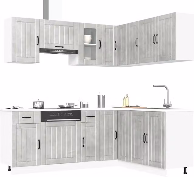 Set Mobili da Cucina Moderno vidaXL Grigio con Ante a Battente e Mensole Aperte in MDF e Vetro