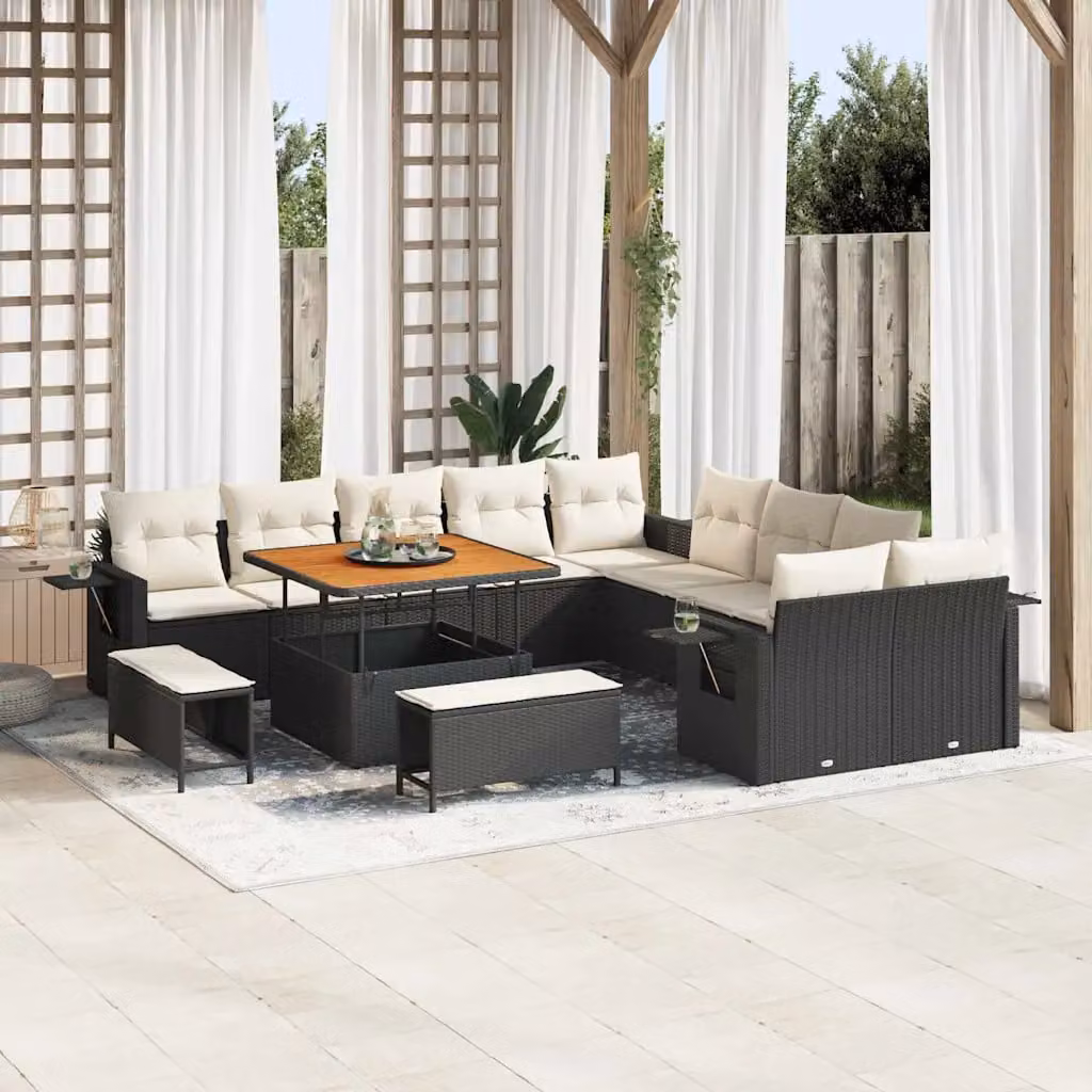 Set Divano da Giardino vidaXL 13 pz a forma di U in Polyrattan Nero e Beige con Cuscini e Tavolino da Esterno – 1