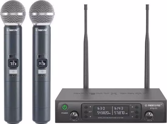 Sistema di Microfono a Radiofrequenza con 2 Microfoni e 100 Canali UHF, Portata fino a 100m, Colore Nero