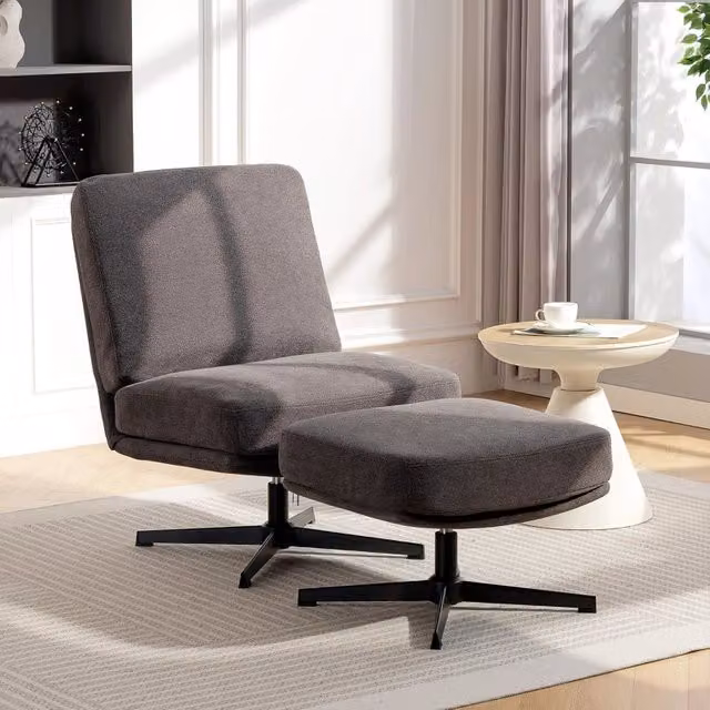 Poltrona Girevole REDOM con Pouf Coordinato, Modello Relax Recliner in Tessuto Grigio con Struttura in Metallo
