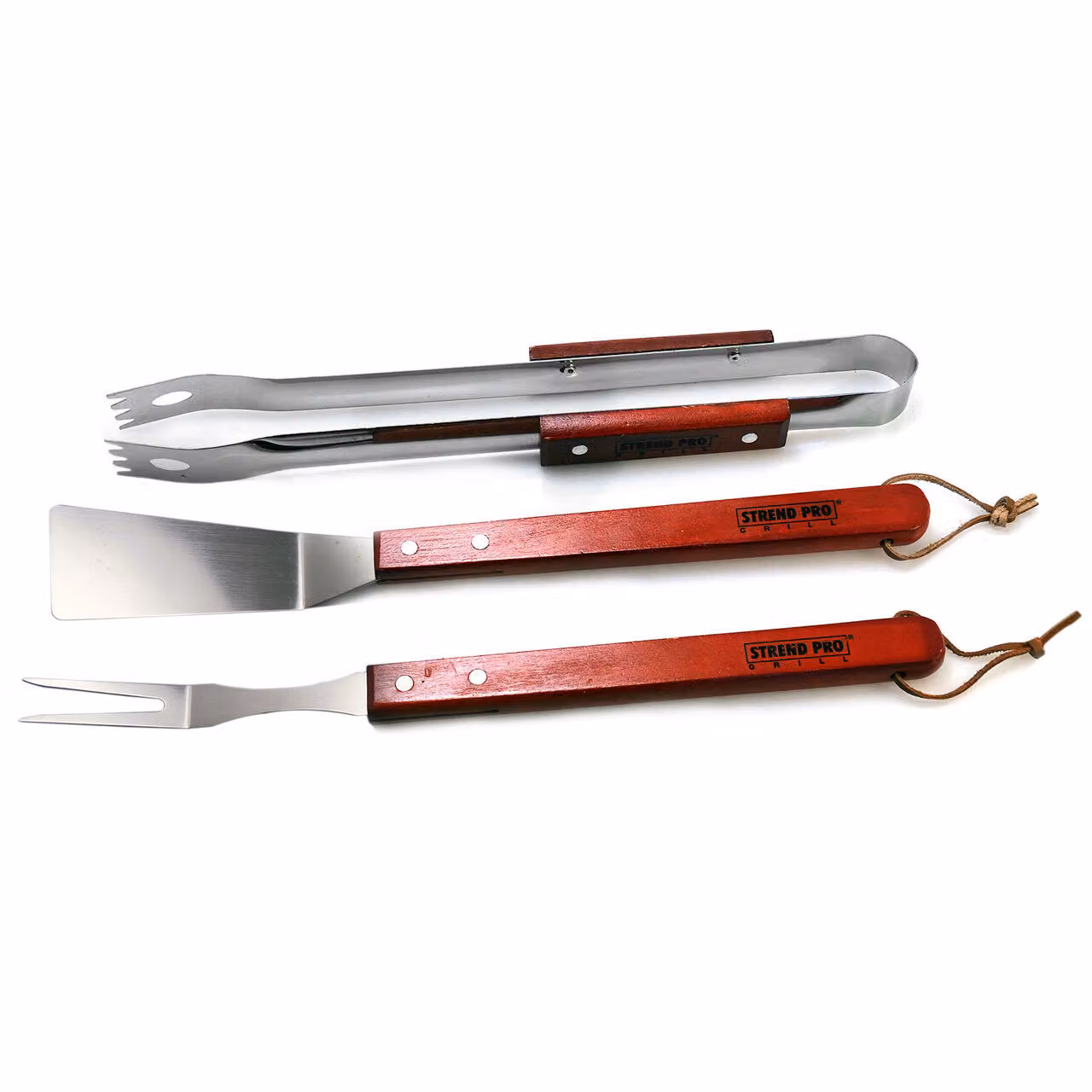 Utensili per barbecue, griglia, acciaio inox, manico in legno, set di 3 pezzi