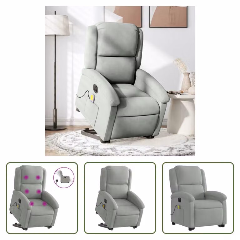 The Living Store Sedia massaggiante con supporto in piedi elettrica in velluto grigio chiaro