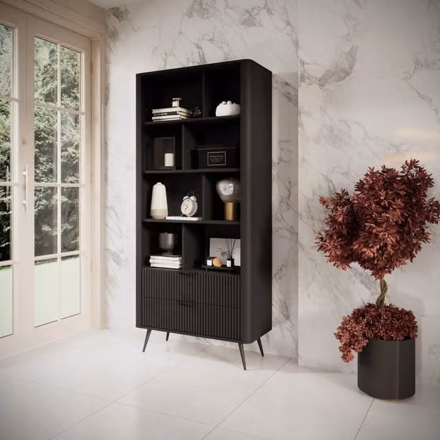 Libreria Kabavasi DMORA con 2 cassetti, colore nero, L 88 cm x P 38 cm x H 194 cm – 1