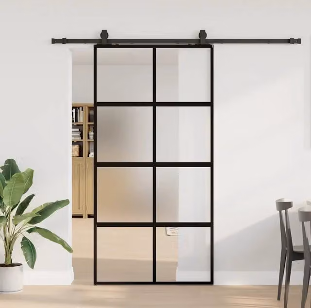 Porta Scorrevole Moderna vidaXL in Vetro Trasparente e Alluminio con Ferramenta Nera L: 102,5 cm, H: 205 cm – 1