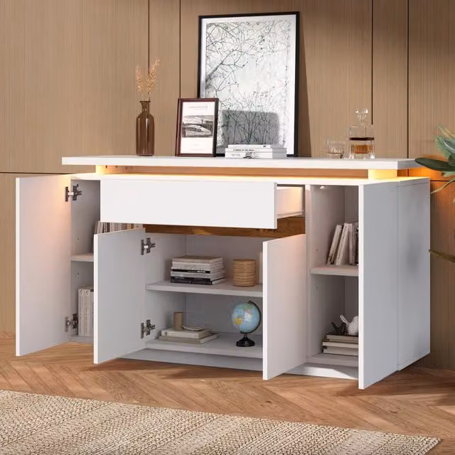 Credenza LED con 4 ante, cassetto e 2 ripiani regolabili per soggiorno, ingresso o cucina, bianca, 140 × 40 × 80 cm
