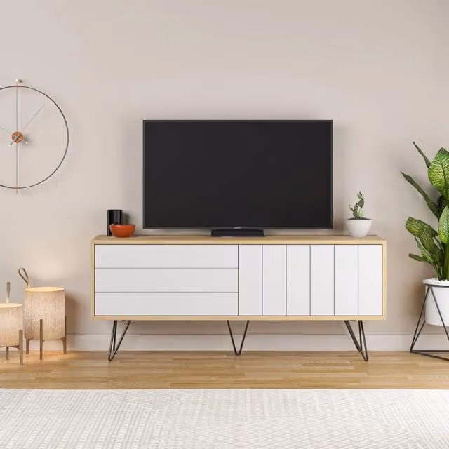 Porta TV Picadilly Veriaffari con struttura in rovere e 2 ante a ribalta bianche L: 139.6 cm, P: 35.6 cm, H: 57.5 cm – 1