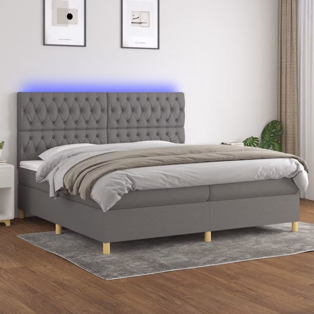 The Living Store Letto a molle con materasso e LED in tessuto grigio scuro 200x200 cm