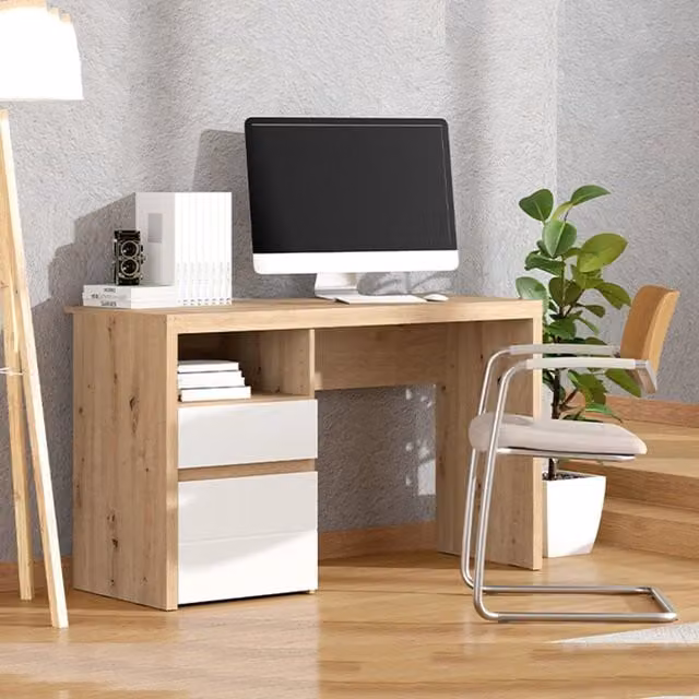 Scrivania Flam DMORA con cassettiera, Marrone Rovere e Bianco, L: 127 cm, P: 52 cm, H: 77 cm