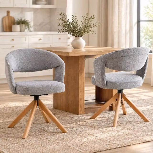Set di 2 sedie da pranzo Mivray girevoli a 360 gradi in tessuto grigio con gambe in legno e schienale curvo traforato L/P/H: 49 x 55 x 81.5 cm