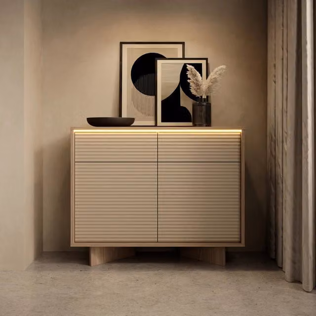 Madia Hateva DMORA, Credenza moderna con 2 cassetti, Marrone Rovere e Beige, L: 104 cm, P: 40 cm, H: 84 cm