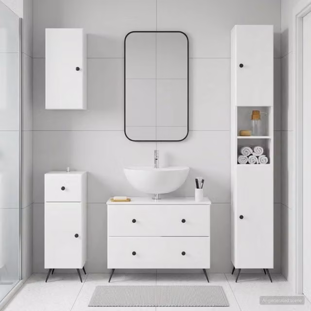 Set di mobili da bagno moderno vidaXL bianco lucido con mobile lavabo e pensile a parete – 1