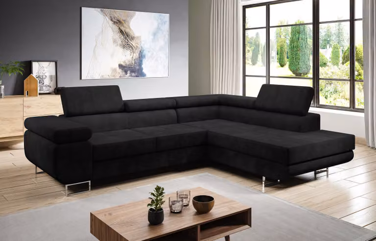 AX LIVING Divano a L Kanya Nero 275cm con funzione letto Contenitore R