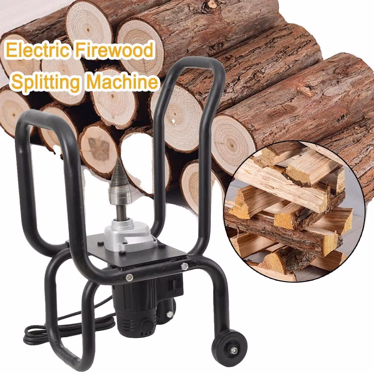 Spaccatutto elettrico, 2000W, 420 giri/minuto, diametro massimo del legno spaccabile: 20 cm, struttura in acciaio, dimensioni: 33x32,5x60,5 cm