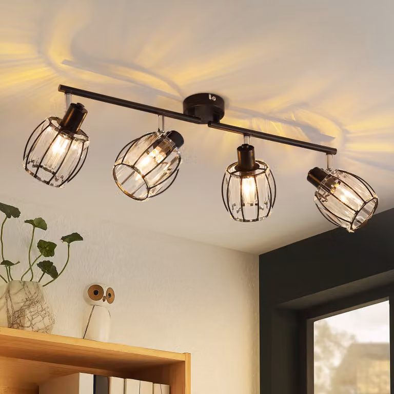 ZMH faretto da soffitto 4 fiamme lampada da soffitto soggiorno faretto da soffitto vintage paralume di cristallo faretto da soffitto E14 nero 350° rotante per camera da letto cucina (senza lampadina)