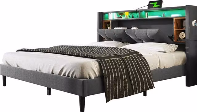 Letto matrimoniale imbottito con testiera contenitore， prese USB e luci LED multicolore， rete in legno， 160x200， grigio， senza materasso