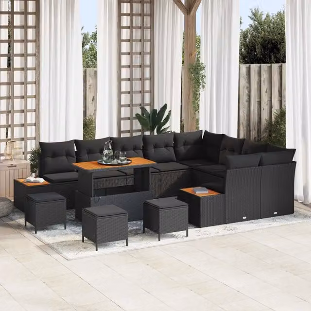 Set Divano da Giardino Moderno vidaXL a Forma a U con 12 Posti, Colore Nero, con Cuscini e Tavolino da Caffè, Struttura in Acciaio Verniciato a Polvere e Legno di Acacia
