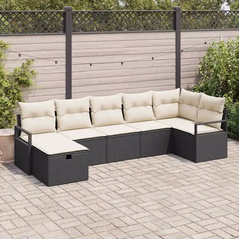 Set di divani da giardino vidaXL in rattan con cuscini nero e beige, composizione a L con 7 pezzi e struttura in metallo