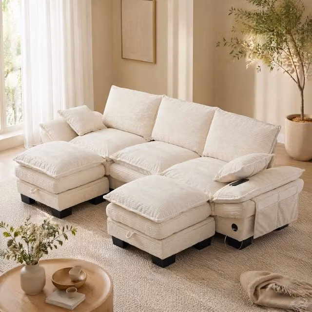 Divano modulare 3 posti in corduroy beige con USB-C e pouf; 260x132x84 cm