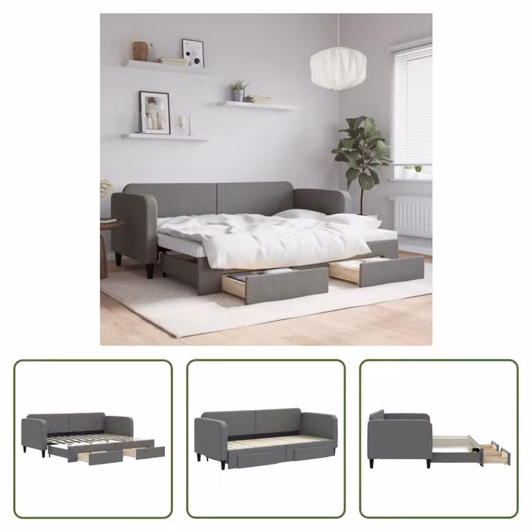 The Living Store Letto da giorno allungabile con cassetti grigio scuro 80x200 cm tessuto