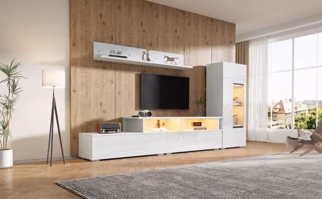 Set mobile TV parete 3 pezzi con luci LED ¨C Minimal ¨C colore bianco lucido, per TV fino a 75 pollici per soggiorno