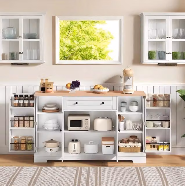 Credenza moderna in MDF bianco e beige per cucina, sala da pranzo o soggiorno, larghezza: 138 cm