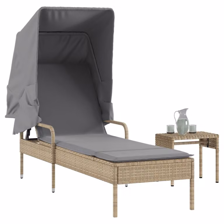 vidaXL Lettino Prendisole con Baldacchino e Tavolino in Polyrattan Beige e Grigio